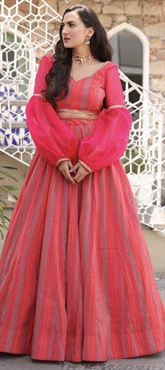 Festive, Party Wear Pink and Majenta color Lehenga in Chanderi Silk fabric with A Line Printed work : 1734118