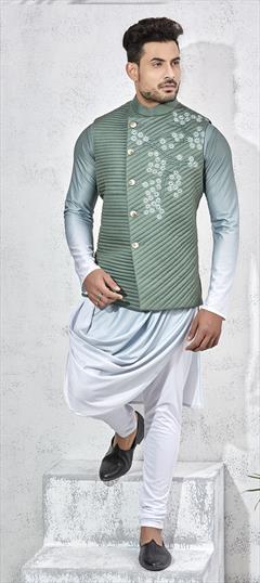 Green color Kurta Pyjama with Jacket in Lycra fabric with Embroidered, Thread work : 1734182