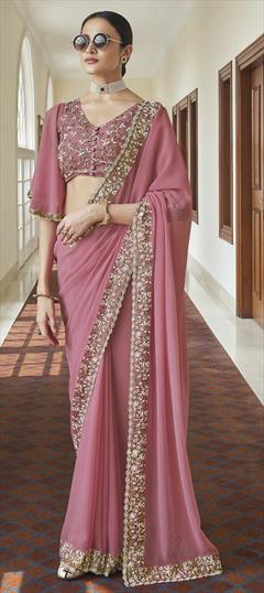 Bollywood, Designer, Party Wear Pink and Majenta color Saree in Georgette fabric with Classic Bugle Beads, Resham, Zari work : 1734223