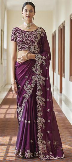 Traditional Purple and Violet color Saree in Organza Silk, Silk fabric with South Embroidered, Resham, Zari work : 1734224