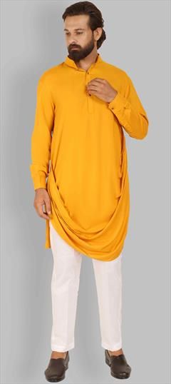 Yellow color Kurta Pyjamas in Rayon fabric with Thread work : 1734261