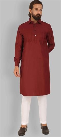 Red and Maroon color Pathani Suit in Cotton fabric with Thread work : 1734269