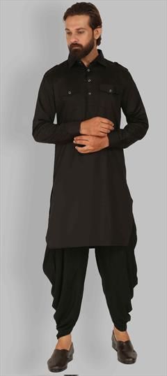 Black and Grey color Dhoti Kurta in Cotton fabric with Thread work : 1734274