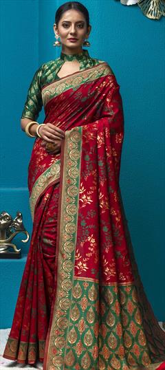 Traditional Red and Maroon color Saree in Art Silk, Silk fabric with South Weaving work : 1734340