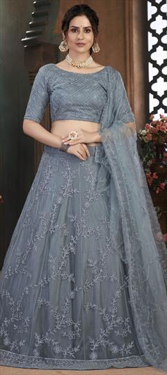 Festive, Mehendi Sangeet, Party Wear Black and Grey color Lehenga in Net fabric with A Line Embroidered, Resham, Thread work : 1734393