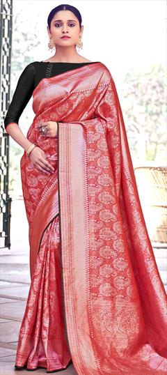 Traditional Red and Maroon color Saree in Banarasi Silk, Silk fabric with South Weaving work : 1734397
