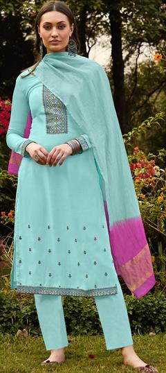 Party Wear Blue color Salwar Kameez in Muslin fabric with Straight Embroidered, Resham, Sequence, Thread work : 1734454