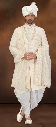 White and Off White color Dhoti Sherwani in Art Silk fabric with Embroidered, Resham, Thread work : 1734494