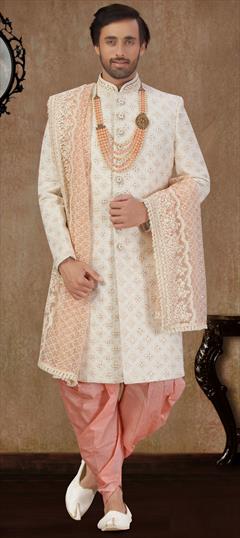 White and Off White color Dhoti Sherwani in Art Silk fabric with Bugle Beads, Embroidered, Resham, Thread work : 1734498