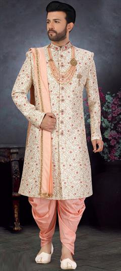 White and Off White color Dhoti Sherwani in Art Silk fabric with Broches, Embroidered, Thread, Zari work : 1734504