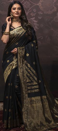 Traditional Black and Grey color Saree in Art Silk, Silk fabric with South Weaving work : 1734598