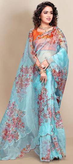 Traditional Blue color Saree in Organza Silk, Silk fabric with South Digital Print, Floral, Sequence work : 1734599