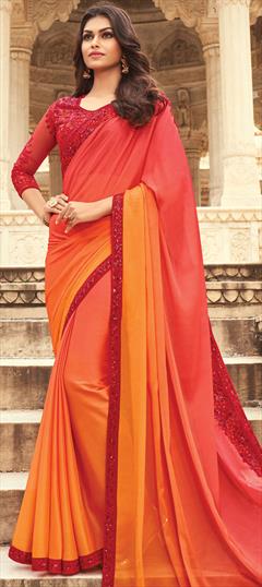 Traditional Red and Maroon color Saree in Organza Silk, Silk fabric with South Embroidered, Sequence, Thread work : 1734802