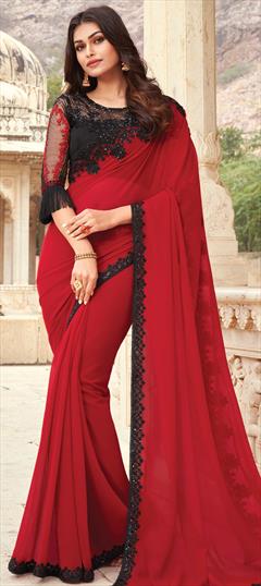 Festive, Party Wear Red and Maroon color Saree in Georgette fabric with Classic Embroidered, Sequence, Thread work : 1734806