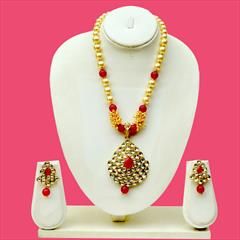 Red and Maroon color Pendant in Copper studded with Beads, Cubic Zirconia, Pearl & Gold Rodium Polish : 1735183