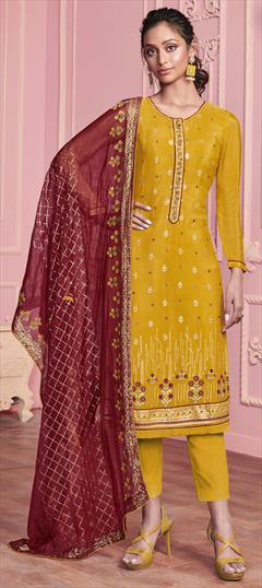 Festive, Party Wear Yellow color Salwar Kameez in Georgette fabric with Straight Embroidered, Sequence, Thread, Zari work : 1735556