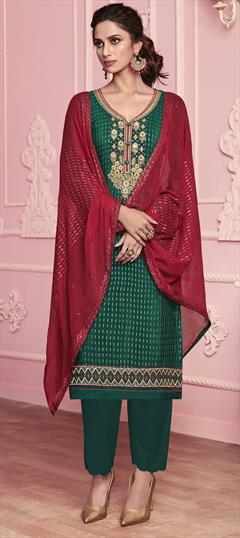 Festive, Party Wear Green color Salwar Kameez in Georgette fabric with Straight Embroidered, Mirror, Thread work : 1735560