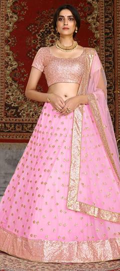 Festive, Reception Pink and Majenta color Lehenga in Net fabric with A Line Embroidered, Sequence work : 1735600