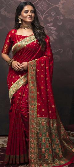 Reception, Traditional Red and Maroon color Saree in Art Silk, Silk fabric with South Weaving work : 1735616