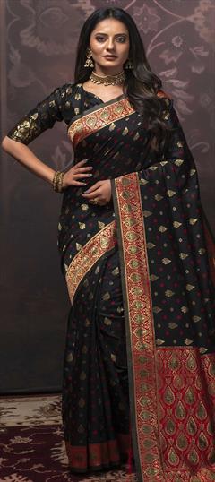 Traditional Black and Grey color Saree in Art Silk, Silk fabric with South Weaving work : 1735619