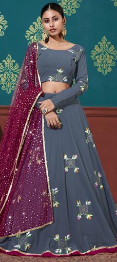 Festive, Wedding Black and Grey color Lehenga in Georgette fabric with A Line Lace, Printed work : 1735625