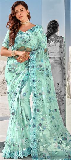 Bridal, Wedding Blue color Saree in Net fabric with Classic Cut Dana, Moti work : 1735664