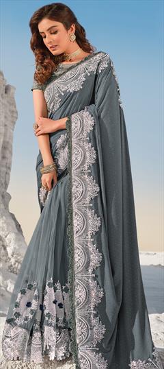 Bridal, Wedding Black and Grey color Saree in Lycra, Net fabric with Classic, Half and Half Stone, Thread, Zari work : 1735671