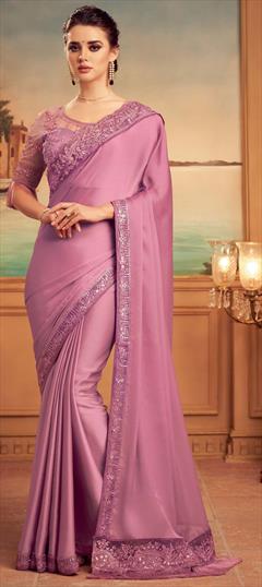 Traditional, Wedding Purple and Violet color Saree in Satin Silk, Silk fabric with South Embroidered, Sequence, Thread work : 1735701
