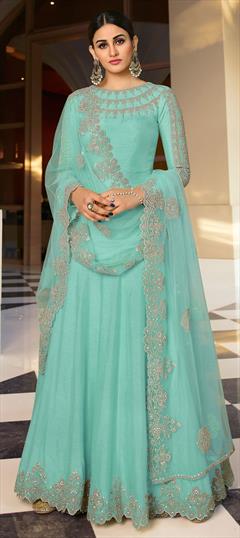 Festive, Wedding Blue color Salwar Kameez in Art Silk fabric with Anarkali Embroidered, Lace, Stone, Thread work : 1735934