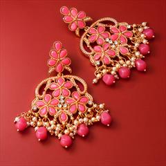 Pink and Majenta color Earrings in Metal Alloy studded with Kundan, Pearl & Gold Rodium Polish : 1736012