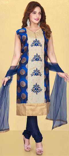 Party Wear Blue color Salwar Kameez in Brocade fabric with Churidar Embroidered, Resham, Thread work : 1736347