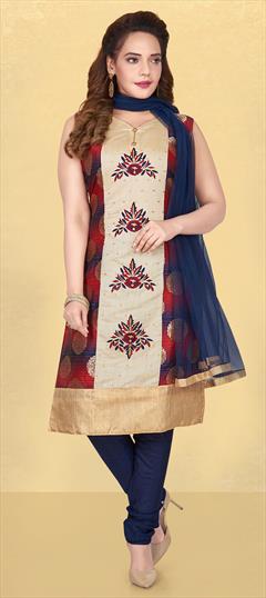 Party Wear Red and Maroon color Salwar Kameez in Brocade fabric with Churidar Embroidered, Resham, Thread work : 1736353