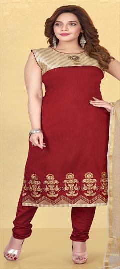 Party Wear Red and Maroon color Salwar Kameez in Cotton fabric with Churidar Embroidered, Resham, Thread work : 1736359