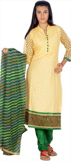 Party Wear Yellow color Salwar Kameez in Cotton fabric with Churidar Weaving work : 1736364