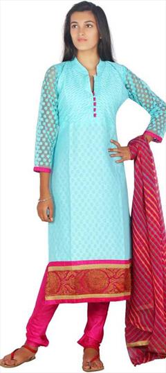 Party Wear Blue color Salwar Kameez in Cotton fabric with Churidar Weaving work : 1736369