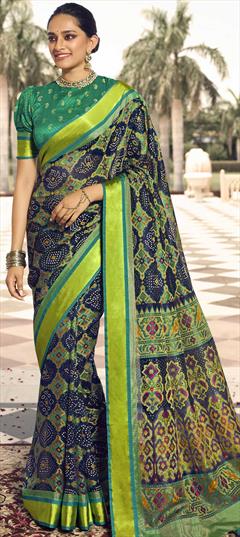 Party Wear Blue, Green color Saree in Brasso fabric with Classic Bandhej, Printed work : 1736708