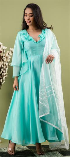 Festive, Party Wear Blue color Gown in Uppada Silk fabric with Anarkali Thread work : 1736747