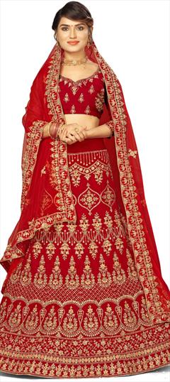 Festive, Wedding Red and Maroon color Lehenga in Velvet fabric with A Line Embroidered, Stone, Thread, Zari work : 1736861