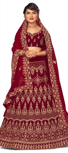 Festive, Wedding Red and Maroon color Lehenga in Velvet fabric with A Line Embroidered, Stone, Thread, Zari work : 1736862