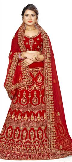 Festive, Wedding Red and Maroon color Lehenga in Velvet fabric with A Line Embroidered, Stone, Thread, Zari work : 1736864
