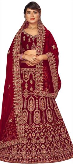 Festive, Wedding Red and Maroon color Lehenga in Velvet fabric with A Line Embroidered, Stone, Thread, Zari work : 1736871
