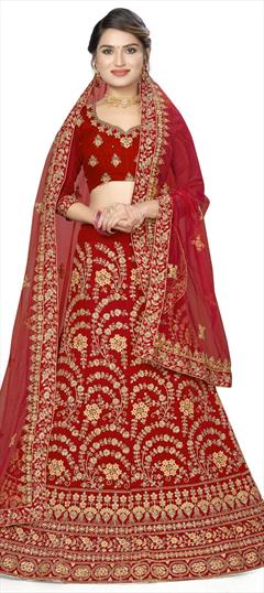 Festive, Wedding Red and Maroon color Lehenga in Velvet fabric with A Line Embroidered, Stone, Thread, Zari work : 1736874