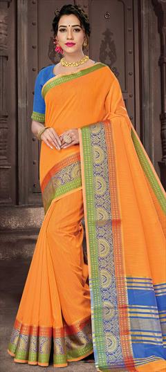 Casual, Traditional Orange color Saree in Cotton fabric with Bengali Weaving work : 1736988