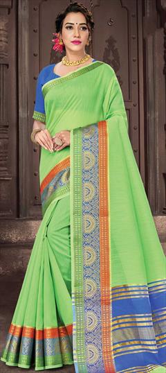 Casual, Traditional Green color Saree in Cotton fabric with Bengali Weaving work : 1736989