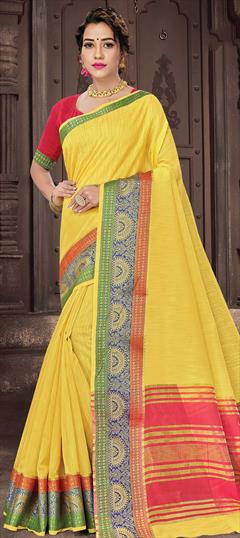 Casual, Traditional Yellow color Saree in Cotton fabric with Bengali Weaving work : 1736992