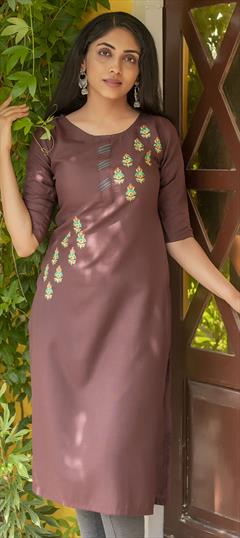 Casual Beige and Brown color Kurti in Art Silk fabric with Elbow Sleeve, Straight Embroidered, Resham, Thread work : 1737146