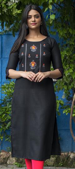 Casual Black and Grey color Kurti in Art Silk fabric with Elbow Sleeve, Straight Embroidered, Resham, Thread work : 1737147