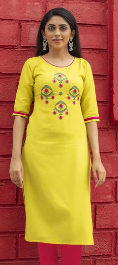 Casual Yellow color Kurti in Art Silk fabric with Elbow Sleeve, Straight Embroidered, Resham, Thread work : 1737150