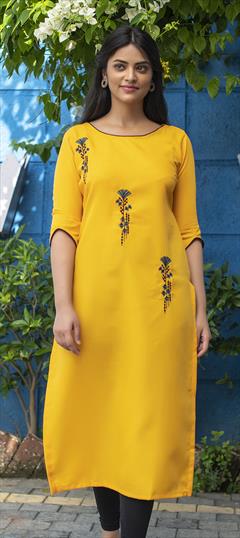 Casual Yellow color Kurti in Art Silk fabric with Elbow Sleeve, Straight Embroidered, Resham, Thread work : 1737152