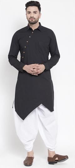 Black and Grey color Dhoti Kurta in Cotton fabric with Thread work : 1737195